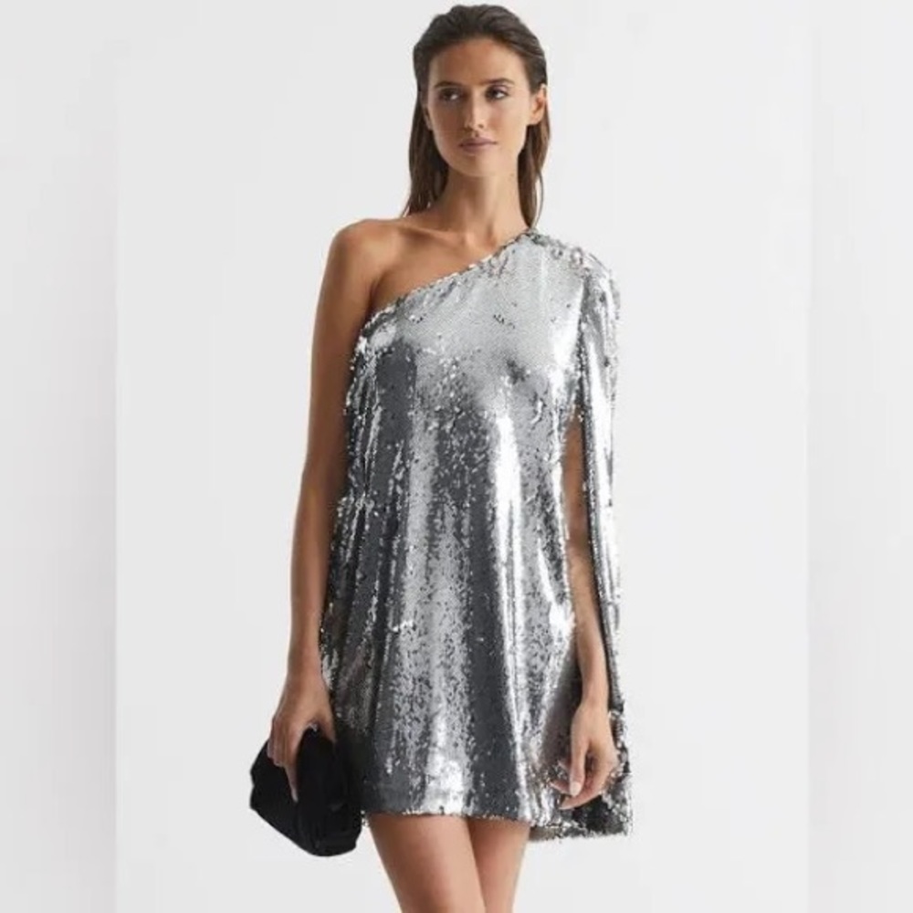 Reiss Eva One Shoulder Silver Sequin Formal Dress size 4